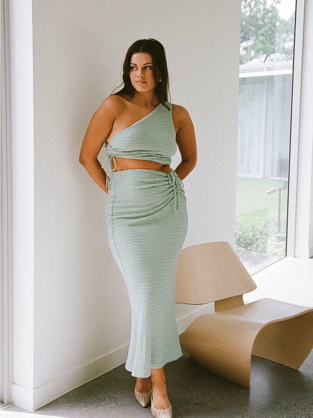 SABO One-Shoulder Knit Set in Sage Green (NWOT)
